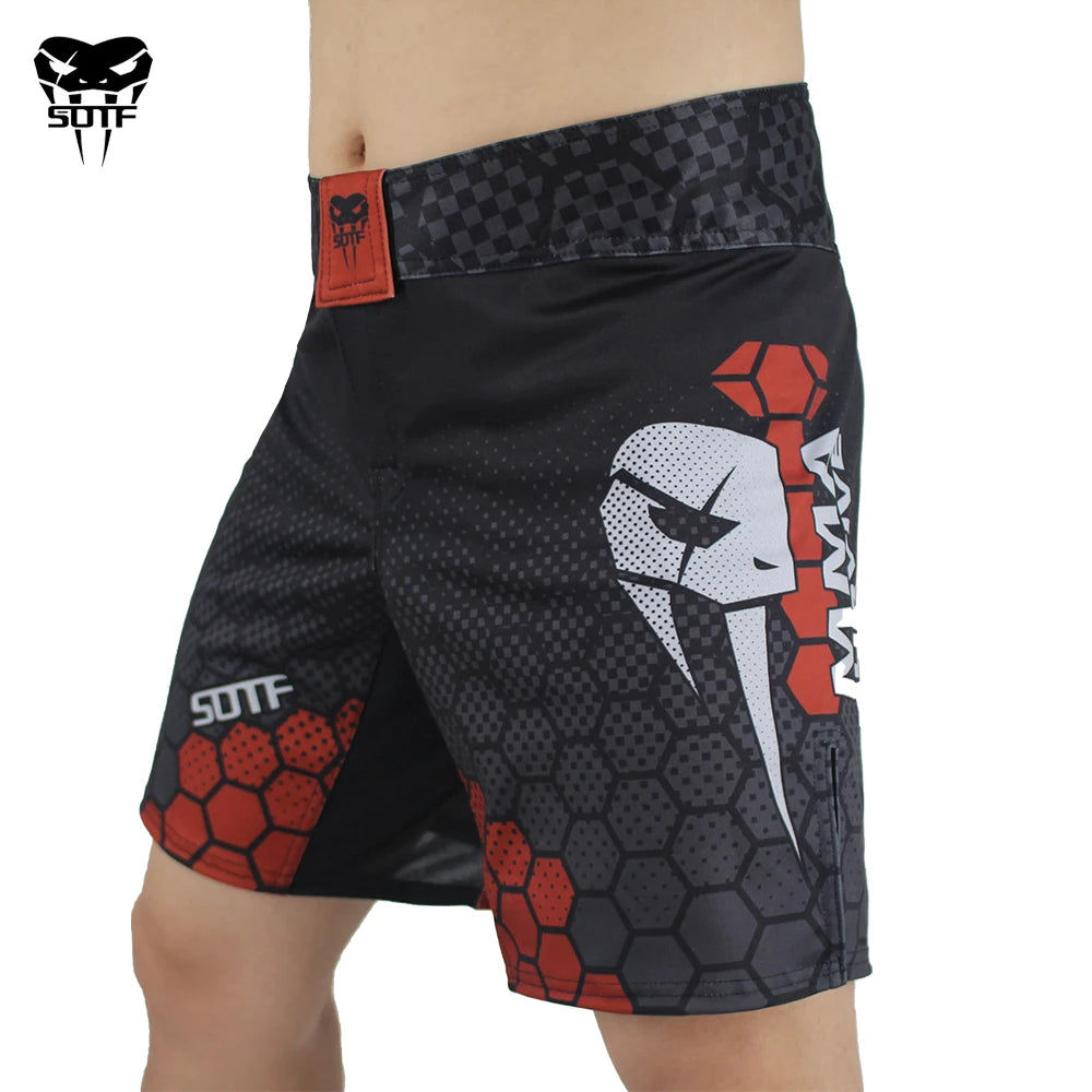 Shorts de Boxe SOTF com Tecnologia Geométrica | Design de Cabeça de Cobra para Fitness e Respirabilidade